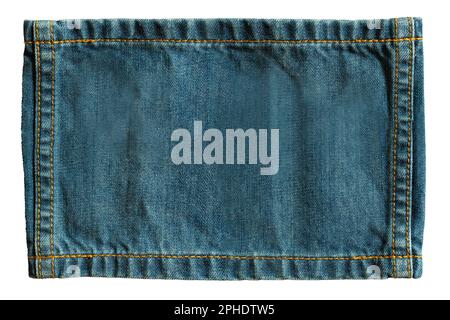 A piece of rectangular Denim cloth with stitch on white background with clipping path Stock Photo