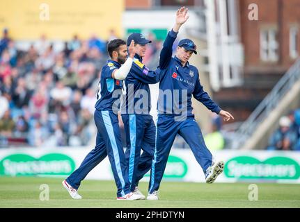 FILE PICS. Picture by Allan McKenzie/SWpix.com - 01/05/2017 - Cricket - Royal London One-Day Cup - Yorkshire v Lancashire - Headingley Cricket Ground, Leeds, England - Yorkshire's Azeem Rafiq celebrates dismissing Lancashire's Ryan McLaren. Stock Photo