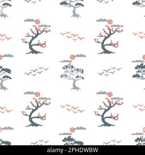 Seamless japanese style sakura, birds and pine tree pattern Stock Vector