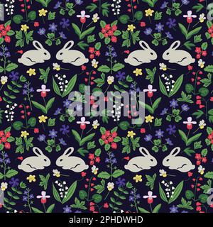 Seamless rabbits and flowers vector pattern Stock Vector