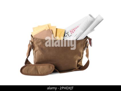 Brown postman's bag with envelopes and newspapers on white background Stock Photo