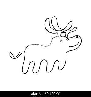 Cute Christmas Deer in outline doodle style. Vector illustration isolated on white background. Stock Vector