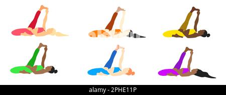 Flexibility yoga poses collection. European, African, Asian female, lady, woman, girl. Pilates, mental health, training, gym. Vector illustration in c Stock Vector