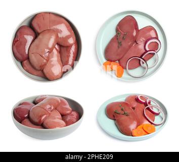 Set with fresh raw kidneys on white background Stock Photo