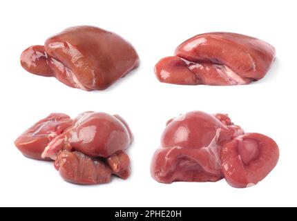 Set with fresh raw kidneys on white background Stock Photo