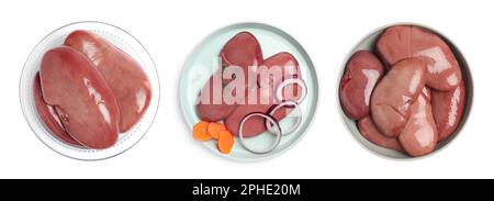 Set with fresh raw kidneys on white background, top view. Banner design Stock Photo