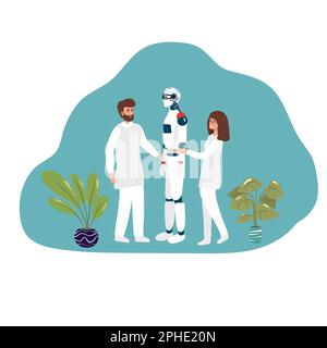 Cartoon Nano Tech Research Center for AI Creation. Scientists, Assistants, Developers Check Robot Skills, Artificial Brain Functions. Cybernetic, Bion Stock Vector