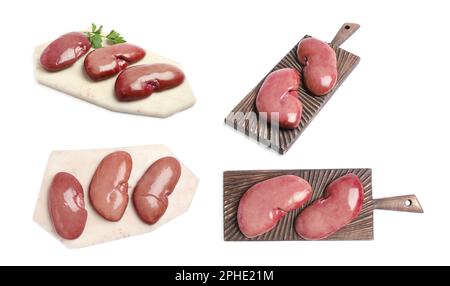 Set with fresh raw kidneys on white background Stock Photo