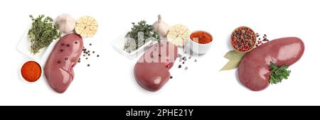 Set with fresh raw kidneys on white background. Banner design Stock Photo
