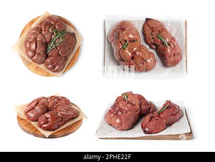 Set with fresh raw kidneys on white background Stock Photo