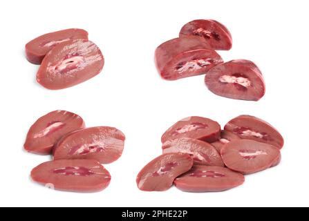 Set with fresh raw kidneys on white background Stock Photo