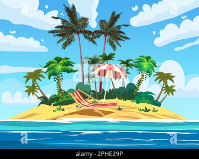 Tropical resort island, lounge chair under umbrella ocean surf, beach. Stock Vector