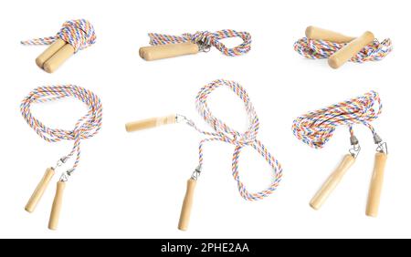 Set with skipping ropes on white background. Banner design Stock Photo ...
