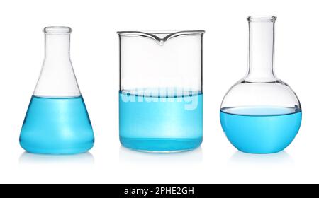 Laboratory glassware with blue samples on white background Stock Photo ...
