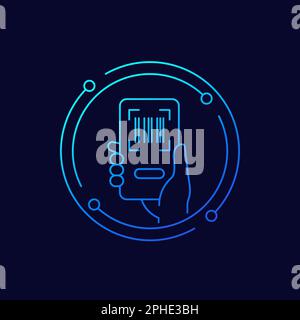 barcode scanning app in phone icon, linear design Stock Vector