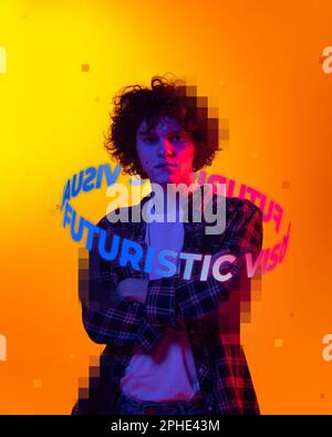 Young curly boy in checkered shirt with neon lettering around head isolated on orange background in neon light. Stock Photo
