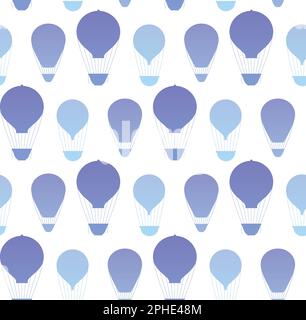 Vector seamless pattern with blue silhouettes of hot air balloons on a white background. Texture with vintage aerial flight aids. Background for fabri Stock Vector