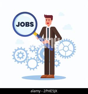 Businessman is holding magnifying glass to finding new job. Vector illustration Stock Vector