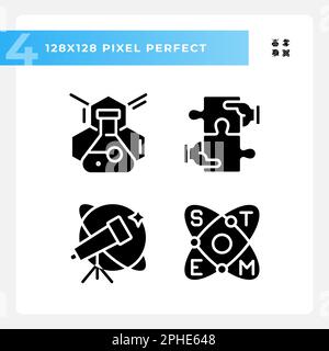 STEM impact on education pixel perfect black glyph icons set on white space Stock Vector