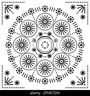 Geometric vector manadala in frame greeting card design with dots, flowers in black and white design - yoga, Zen, mindfulness concept Stock Vector