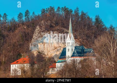 St. Martina parish church in Bled, Slovenia. This Gothic Revival structure was built from 1903 until 1905. Stock Photo