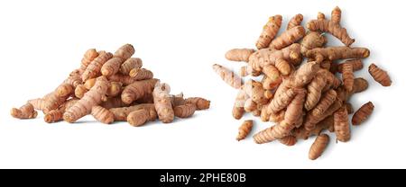 pile of cleaned turmeric rhizomes or roots isolated on white background, curcuma longa, commonly used spice in cooking and medicine, root-like Stock Photo