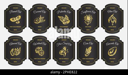 Premium quality organic oil bottle sticker, set Stock Vector