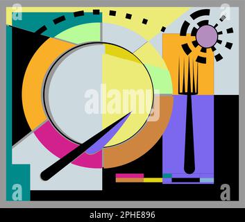 Colorful background, expressionism  art style,abstract plate and fork Stock Vector