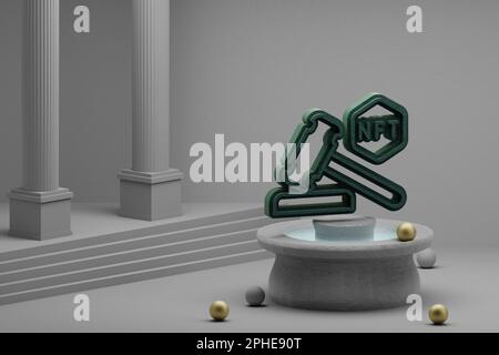 Beautiful abstract illustrations Green NFT Auction symbol icon on a fountain and column background. 3d rendering illustration. Stock Photo