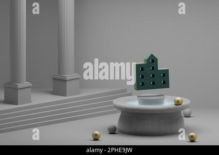 Beautiful abstract illustrations Green Location City  symbol icon on a fountain and column background. 3d rendering illustration. Stock Photo