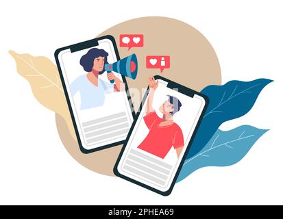 Man and woman communicating in using smartphone Stock Vector