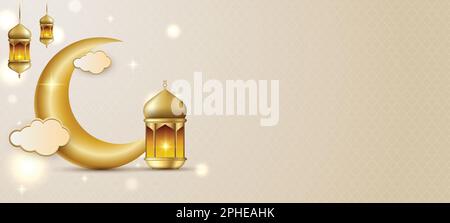 Eid Mubarak banner background. Eid Islamic holiday design banner with gold crescent moon. Stock Vector