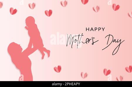 Happy mothers' day vector illustration banner. Mother's day typography with mother and child silhouette. Stock Vector