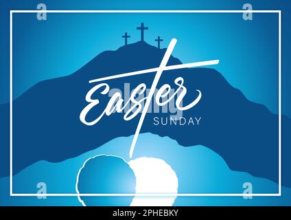 Easter Sunday, Holy week - calligraphy poster. Celebrate the resurrection, vector poster template with Calvary, crosses and open tomb. He is risen Stock Vector