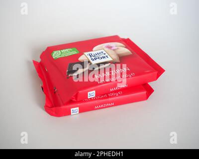 STUTTGARD, GERMANY - CIRCA MARCH 2023: Packet of Ritter Sport marzipan chocolate Stock Photo