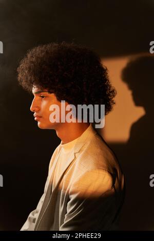 Side view of young ethnic thoughtful Afro haired male model wearing checkered jacket and touching cheek while standing in darkness with rectangular or Stock Photo