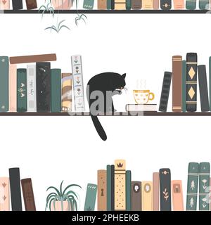 Seamless pattern of vintage books, hot drink mug, cat, and spider plant. Standing books wall background. Home library. Vector illustration Stock Vector