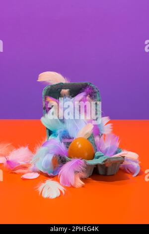 Opened container with egg and colorful feathers on orange surface against bright purple background Stock Photo