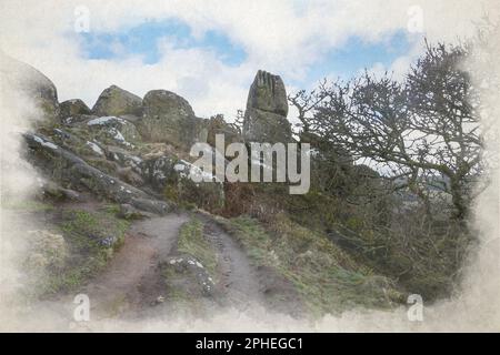 Digital watercolour painting of Robin Hood's Stride limestone way rock formation in the Derbyshire Dales, Peak District National Park, UK. Stock Photo