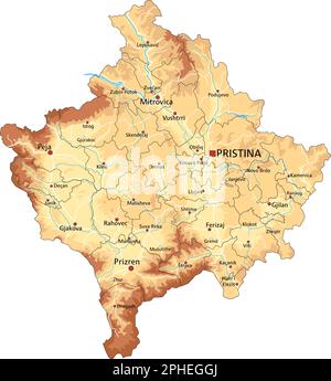 Highly detailed Kosovo physical map with labeling. Stock Vector