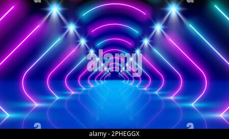 Glowing neon lines, tunnel, led arcade, stage light. Abstract technology background, virtual reality. Pink blue purple corridor glowing neon arch, per Stock Vector