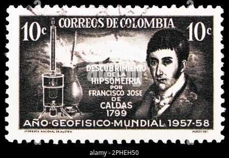 MOSCOW, RUSSIA - MARCH 16, 2023: Postage stamp printed in Colombia shows Francisco Jose de Caldas and Hypsometer, International Geophysical Year serie Stock Photo