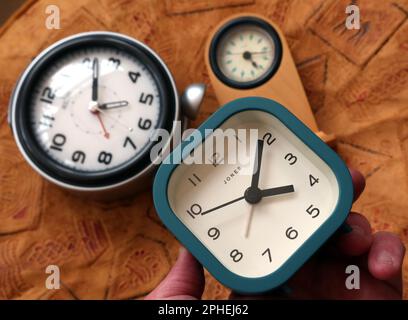 The annual UK change from GMT Greenwich Mean Time to BST British Summer Time, putting all our clocks ahead by one 1 hour end of March Stock Photo