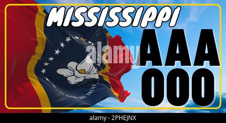 Vehicle license plates marking in Mississippi in United States of America, Car plates. Vehicle license numbers of different American states. Vintage print for tee shirt graphics,sticker and poster Stock Photo