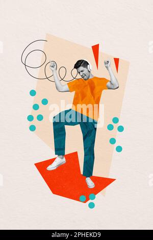 Vertical creative photo illustration collage of funky crazy excited young guy listen playlist music lover isolated drawing background Stock Photo