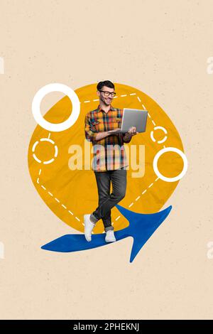 Vertical 3d collage picture creative image photo poster artwork of smart clever man nerd develop website isolated on drawing background Stock Photo