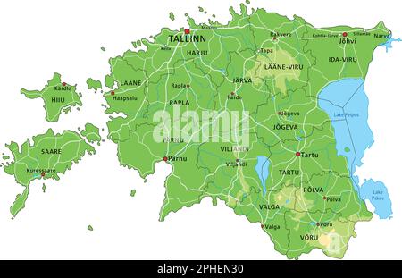 Highly detailed Estonia physical map with labeling. Stock Vector