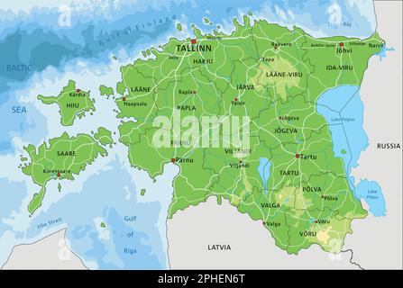 Highly detailed Estonia physical map with labeling. Stock Vector