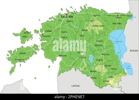 Highly detailed Estonia physical map with labeling. Stock Vector