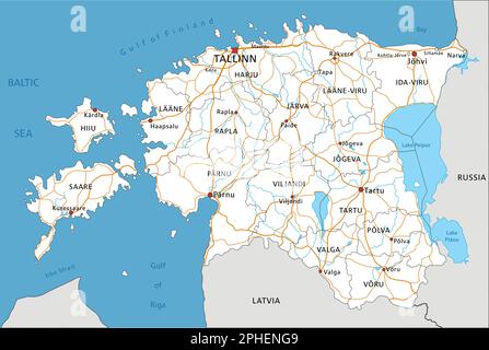 High detailed Estonia road map with labeling. Stock Vector